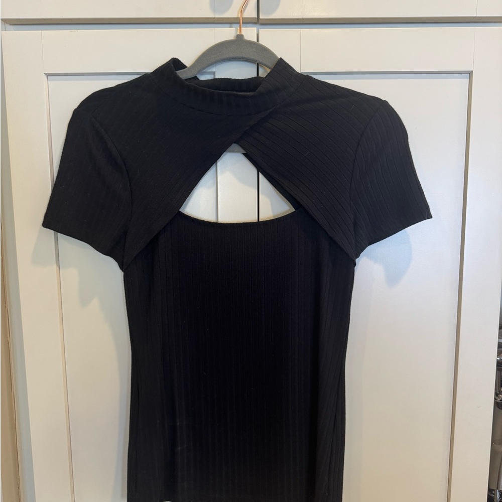 BCBGMaxAzria Black Ribbed Top with Cut-Out Design